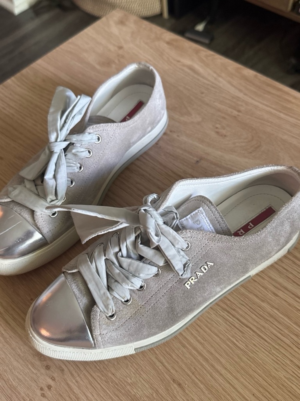 Prada Silver Suede Low-Top Sneakers with Metallic Toe Cap